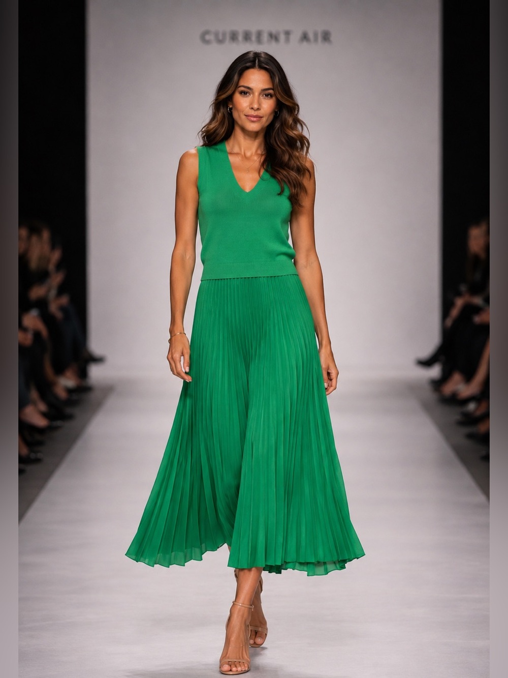 Current Air Los Angeles Green Pleated Midi Dress – Size L